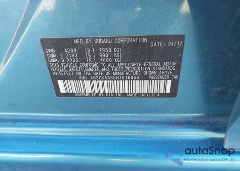 2017 Subaru Impreza 2.0I (M5) из США, поврежденный, VIN 4S3GKAA65H1616056